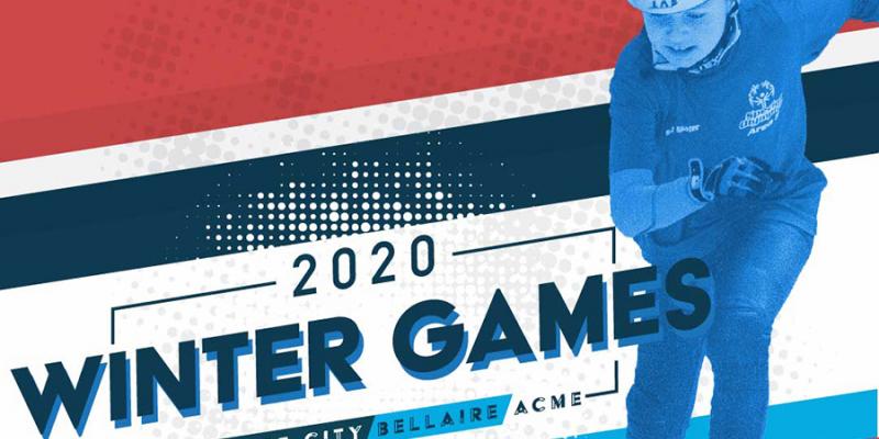 Image of a speed skater and the words "2020 Winter Games", Traverse City, Bellaire, Acme