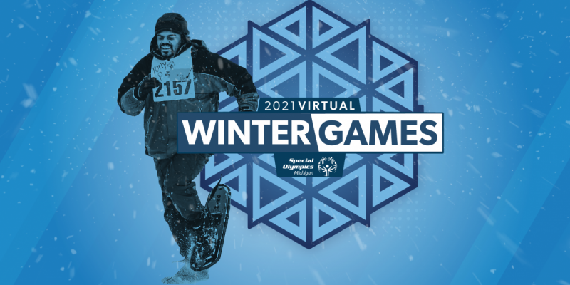 A snowshoe athlete over top of a snowflake logo with the words "Virtual Winter Games 2021"