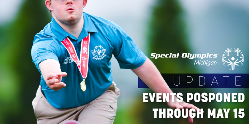 Bocce athlete with words saying events postponed through May 15