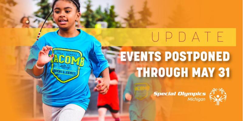 Middle school-aged athlete running next to the words "events cancelled through May 31"
