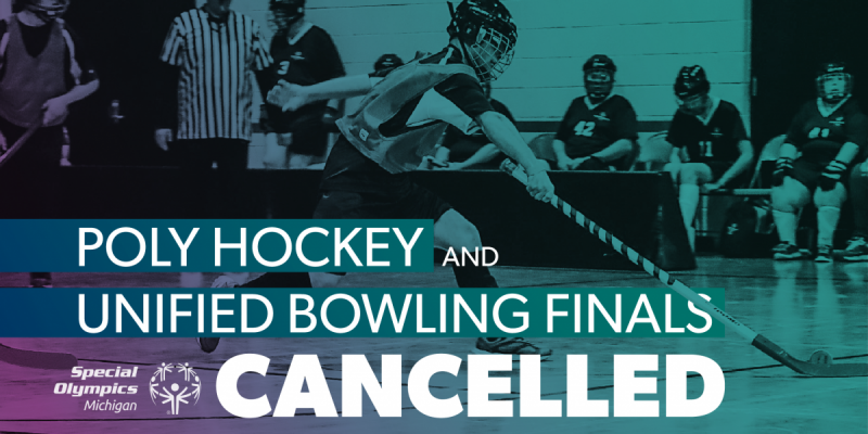 A hockey athlete in the background of text saying Poly Hockey & Unified Bowling Finals Cancelled
