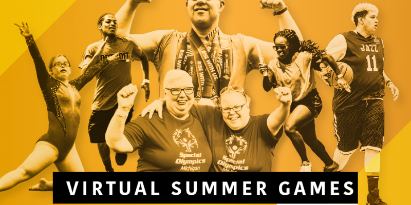 Special Olympics Michigan athletes on a gold background with the words "Virtual Summer Games"